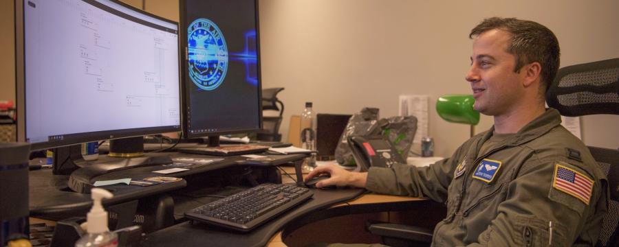Capt. Kevin Thurber of the 315th Airlift Wing at Joint Base Charleston, S.C., uses the Puckboard software program to schedule C-17 aircrews.