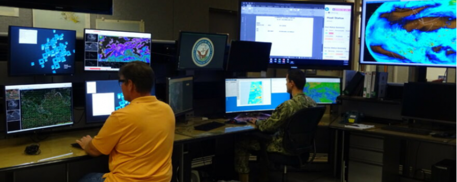 U.S. Navy operators at Pearl Harbor, HI, view satellite imagery at the Joint Typhoon Warning Center. Credit: U.S. Navy